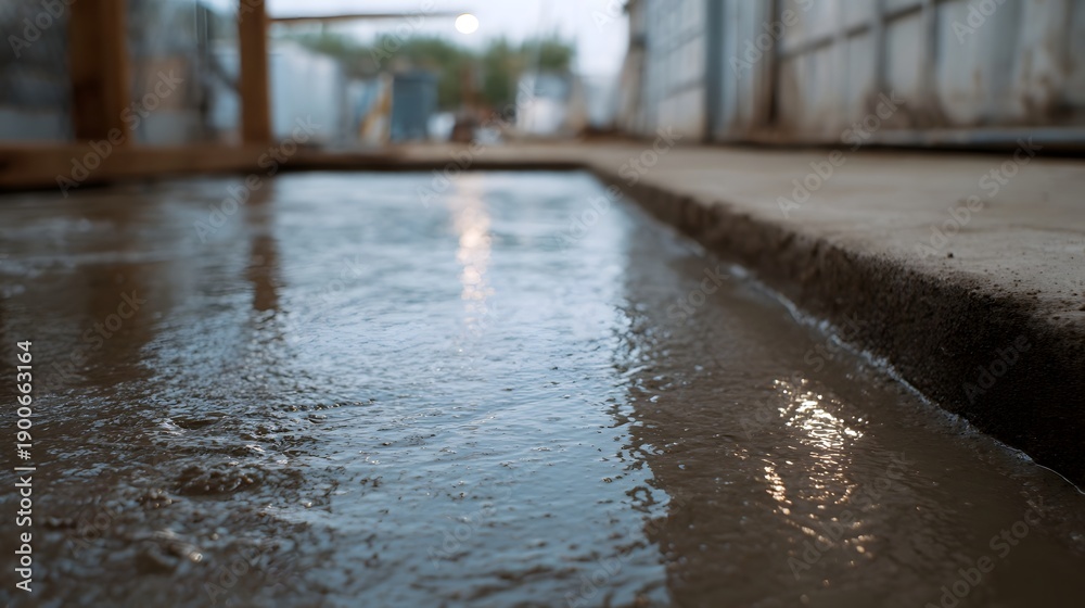 Fototapeta premium Wet concrete surface being poured and setting on a construction site foundation showing liquid texture and reflections
