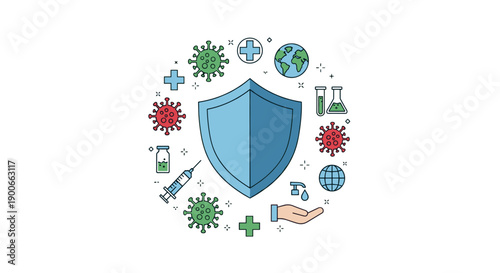 Global virus protection shield with vaccination and hygiene icons