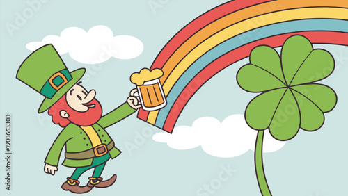 Leprechaun with rainbow and beer green coat