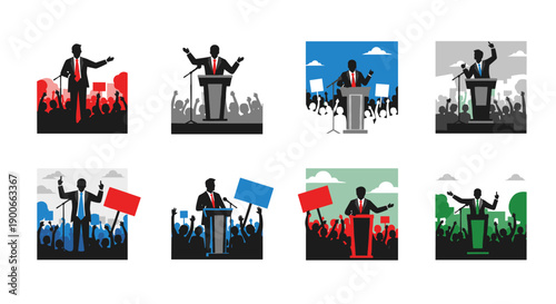 Political speakers addressing diverse crowds at rally events