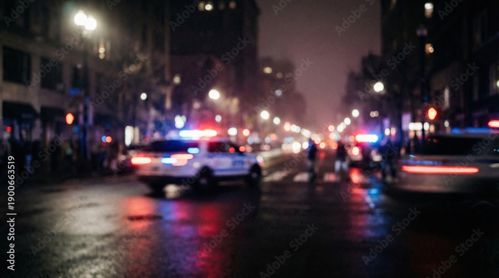 Naklejka premium Blurred background showing police lights at crime scene concept. Night view of a busy city street with police lights flashing.
