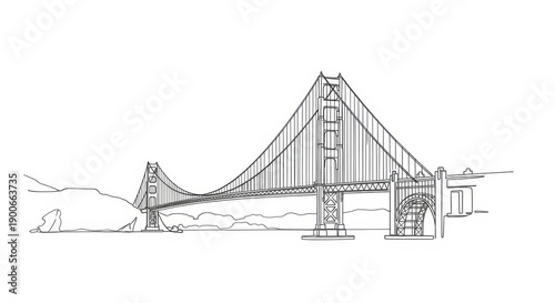 Golden Gate Bridge line art, iconic San Francisco landmark sketch illustration