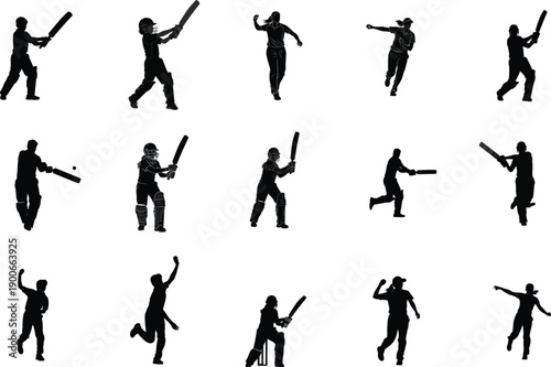Collection of black silhouettes depicting various dynamic poses of a person throwing or swinging an object