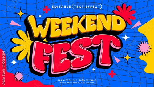 Weekend fest text effect. Retro groovy and vintage editable text effect template