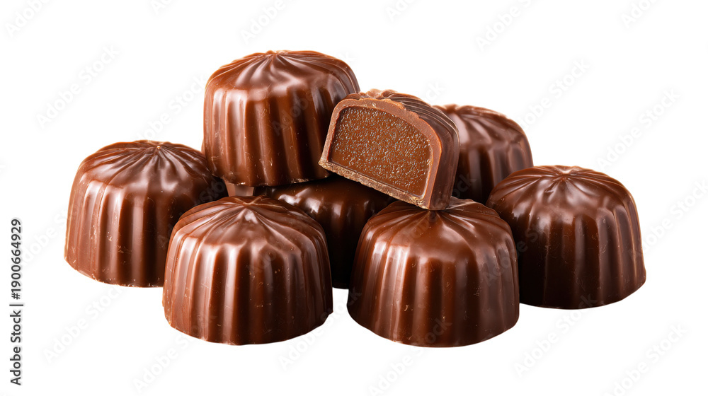 Obraz premium Stack of fluted chocolate candies, one shown in cross section revealing smooth ganache filling, isolated on transparent background, delicious sweet treat
