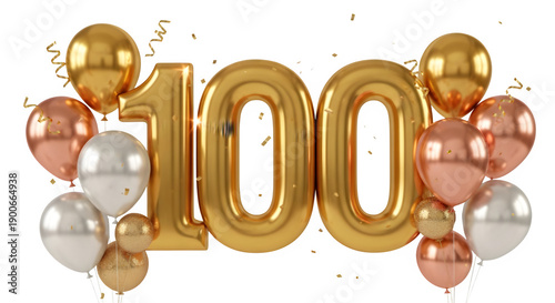 Golden 3D Number 100 with Metallic Balloons and Confetti Celebration isolated PNG with Transparent Background