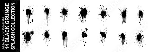 Paint splatter drops. Black ink spray, bright paint blots, abstract paint splashes flat vector illustration set. Paint splash isolated on white background. Splash splatter abstract shape.