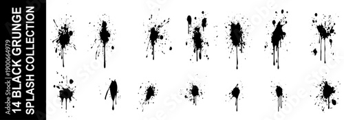 Paint splatter drops. Black ink spray, bright paint blots, abstract paint splashes flat vector illustration set. Paint splash isolated on white background. Splash splatter abstract shape.