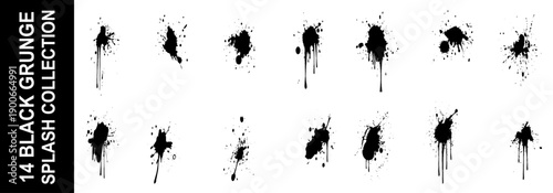Vector illustration. Set of simple black sloppy Blots Isolated on white background. Hand drawn Splat of Ink. Grungy Effect.