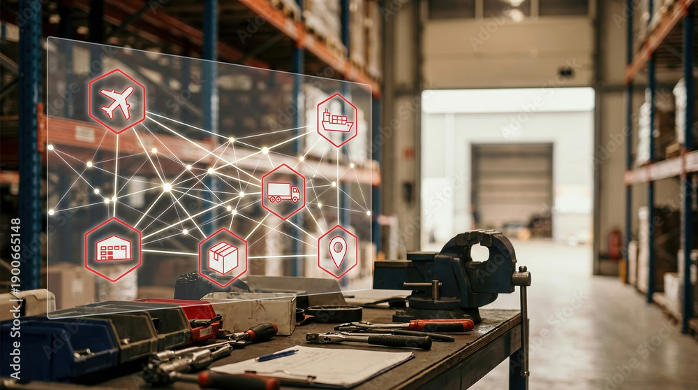 Fototapeta premium logistics supply chain smart warehouse technology industrial distribution automation system with a digital interface on an industrial workbench for efficient global trade.