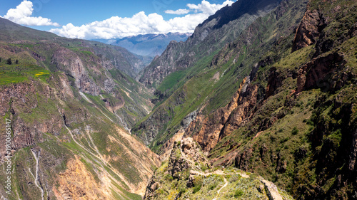 Aerial view of Chimpa Fortress and the Colca Canyon abyss from Madrigal, Arequipa, Peru