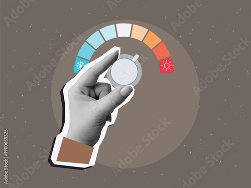 A hand switches temperature from snowflake to sun. Thermostat with cold to hot adjustment. Modern collage style. Vector illustration
