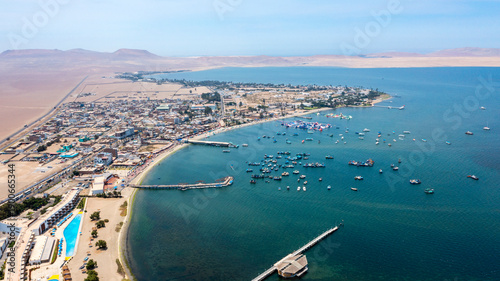 Spectacular aerial view of Paracas Bay and coastline with turquoise waters, Ica, Peru