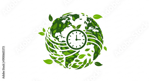 Eco friendly globe with clock and green leaves symbolizing environmental sustainability and time