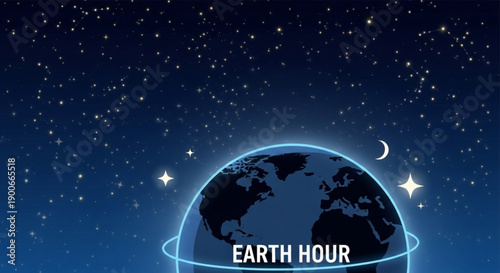 Glowing earth hour illustration with stars and moon at night symbolizing environmental awareness and conservation efforts globally