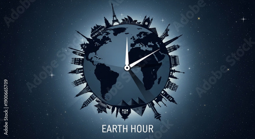 Earth hour global movement dark blue globe clock icon with city skyscrapers silhouette