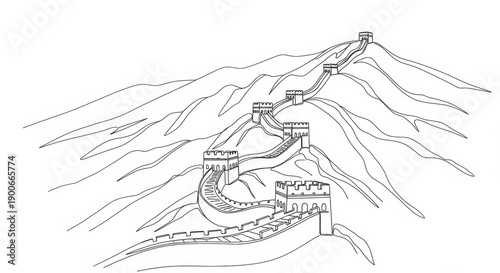 Great Wall of China illustration, ancient fortress on mountain range, historical landmark