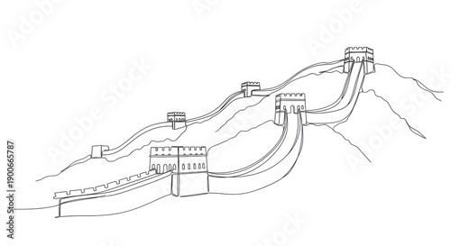 Great Wall of China sketch, ancient fortification on mountain landscape