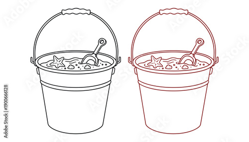 Outline sand bucket toys for children summer fun with shovel and starfish line art icon set