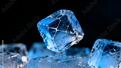 Falling Ice Cube with Cracks Droplets