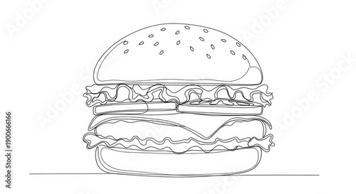 Hamburger Line Art Drawing, Outline Sketch of Classic Fast Food Burger Meal