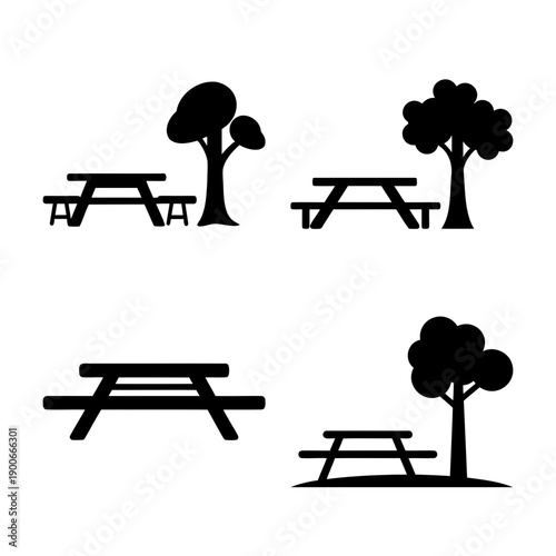 Collection of black silhouette icons depicting various outdoor picnic tables and trees