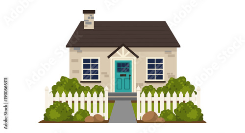 Cozy suburban house with white picket fence illustration