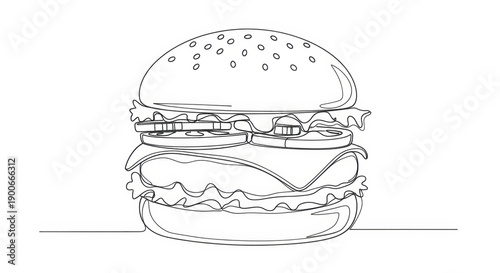 Hamburger Line Art Drawing, Fast Food Sketch Outline, Delicious Meal Illustration