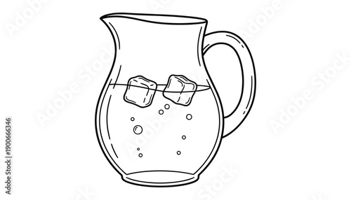Pitcher of water illustration with ice cubes for summer drink on transparent background line art drawing