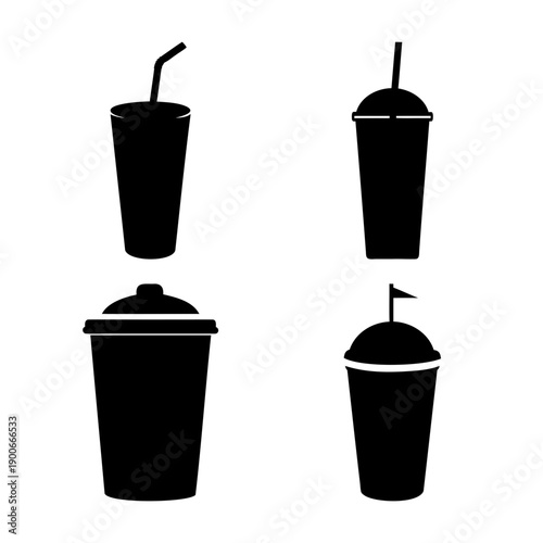 Collection of various black silhouette beverage cups with straws and lids for drinks