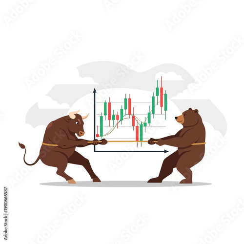 Bull and Bear Fighting Over Stock Market Trends Graph Illustration