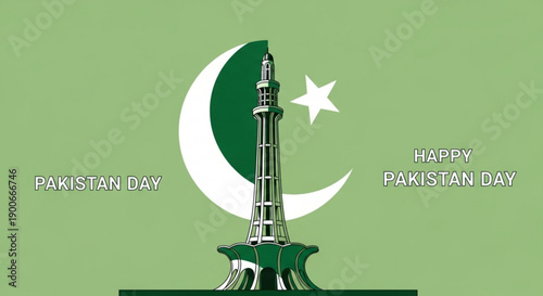 Pakistan day celebration with minar e pakistan monument and flag