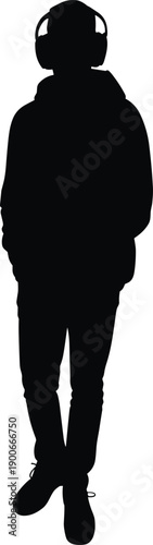 Full body black silhouette of a young man wearing wireless headphones and a casual hoodie standing isolated on white background