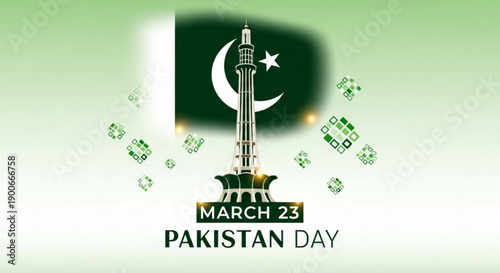 Pakistan day celebration with minar e pakistan monument and flag on march 23
