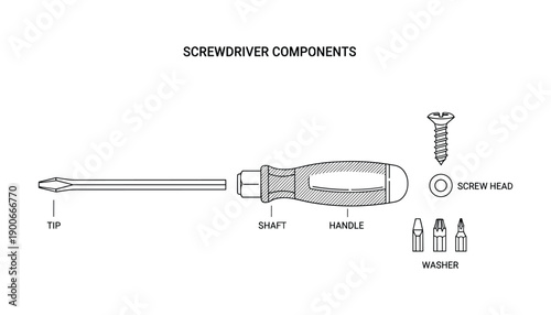 Screwdriver components diagram in outline drawing on transparent background for repair manual
