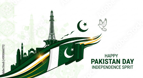 Pakistan day celebration with flag minarets and doves on white background