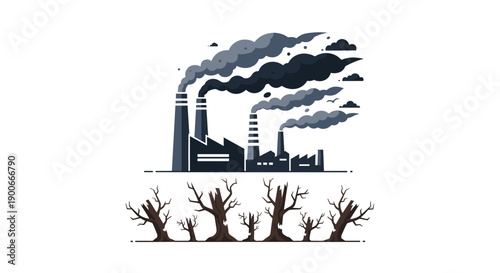 Industrial factory emitting smoke above dead trees, symbolizing pollution