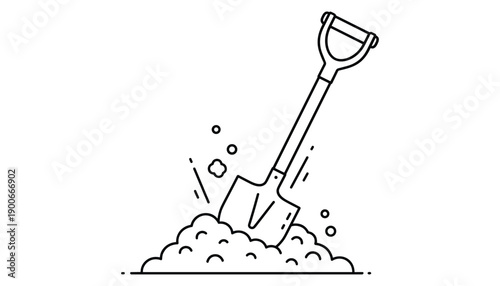 Shovel outline on the soil used for digging earth in garden or agriculture construction tool