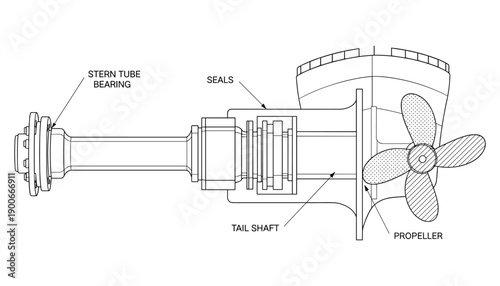 Ship propeller shaft vector outline drawing marine propulsion stern tube bearing seals tail shaft