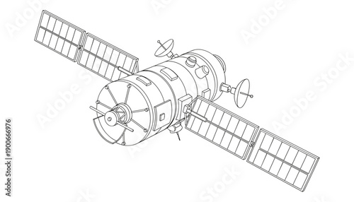 Space station orbiting earth drawn in outline style perfect for coloring book page design project