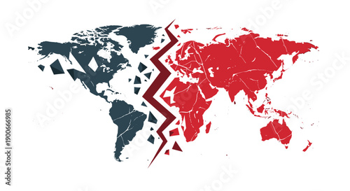 World map split by jagged crack representing global division