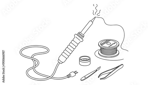 Soldering iron tool with smoke and spool of solder used for electronics repair works