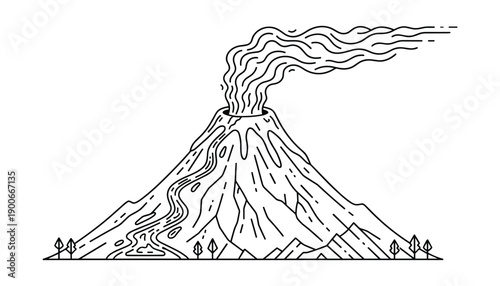 Volcano outline mountain with flowing lava and smoke erupting from crater in nature landscape