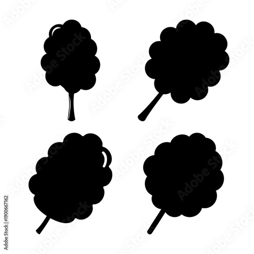 Black silhouette icons of fluffy cotton candy on sticks, perfect for sweet designs