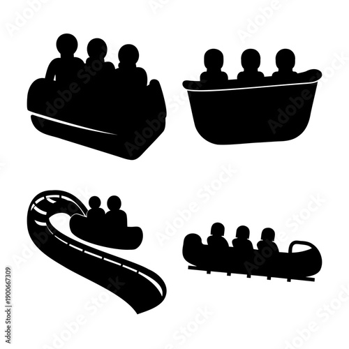 Silhouettes of various amusement park water rides and log flume attractions with people onboard