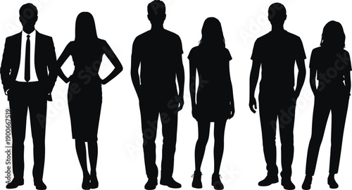 Group of diverse people silhouettes standing in a row, business professional and casual men and women isolated on white background
