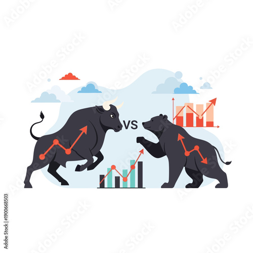 Bull and Bear Fighting Over Market Trends Illustration