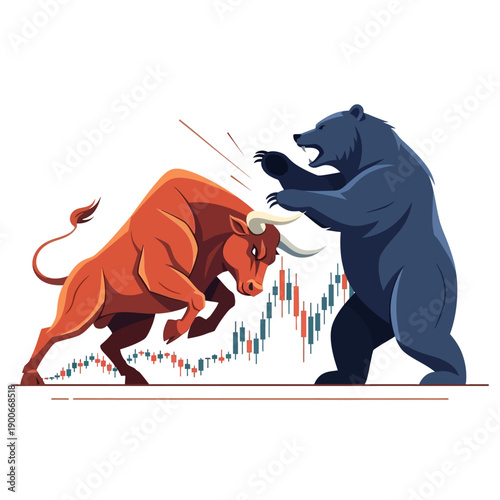 Bull and bear fighting on stock market graph illustration