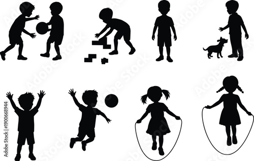 Children silhouettes, kids playing, ball games, skipping rope, stacking blocks, dog interaction, physical activity, social play, black icons, cad drawing flat vector illustration
