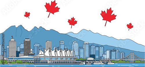 Vancouver city skyline with mountains and maple leaves, vector illustration for Canada Day or travel brochure, isolated on white background, png
